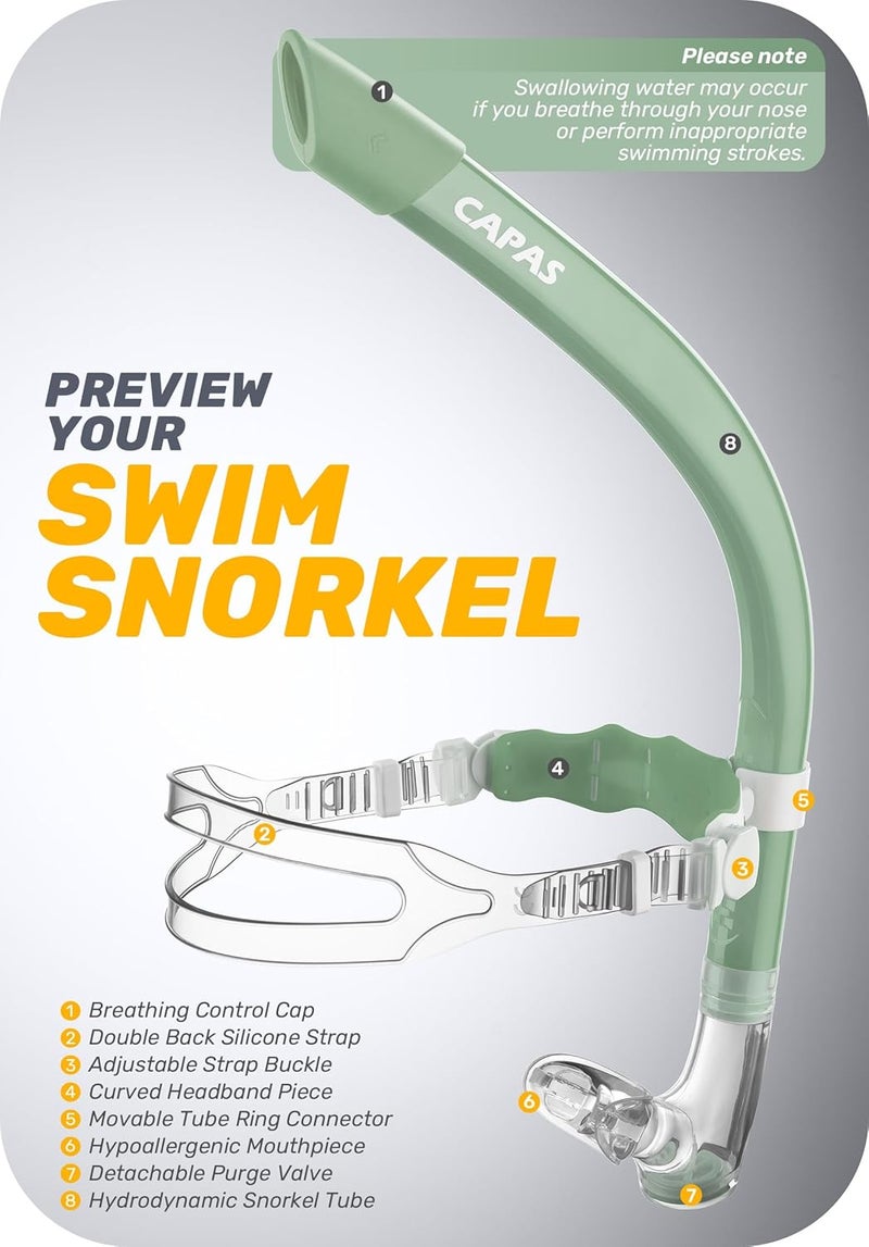 Capas Training Swim Snorkel for Lap Swimming, Swivel Headband Ultimate Fit Center-Mount Swimmers Snorkel with Liquid Silicone Mouthpiece Adjustable Strap, Designed for Adult Men Women - Image 2